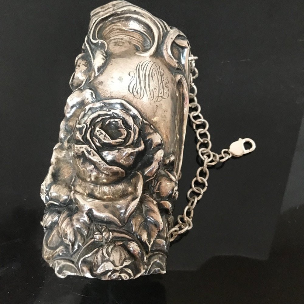 Rose Sterling Silver 925 Bracer Wide Cuff Bracelet Victorian Gladiator Floral - Picture 6 of 11
